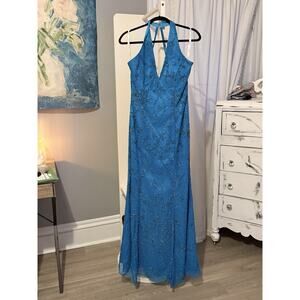 Y2K Prom Teal Silk Beaded Evening Gown Studio 17 Sequin Maxi Size 12 #042601